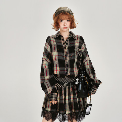 Girlyhalo美式甜酷格子衬衫女春秋新款扎染辣妹宽松半身裙套装