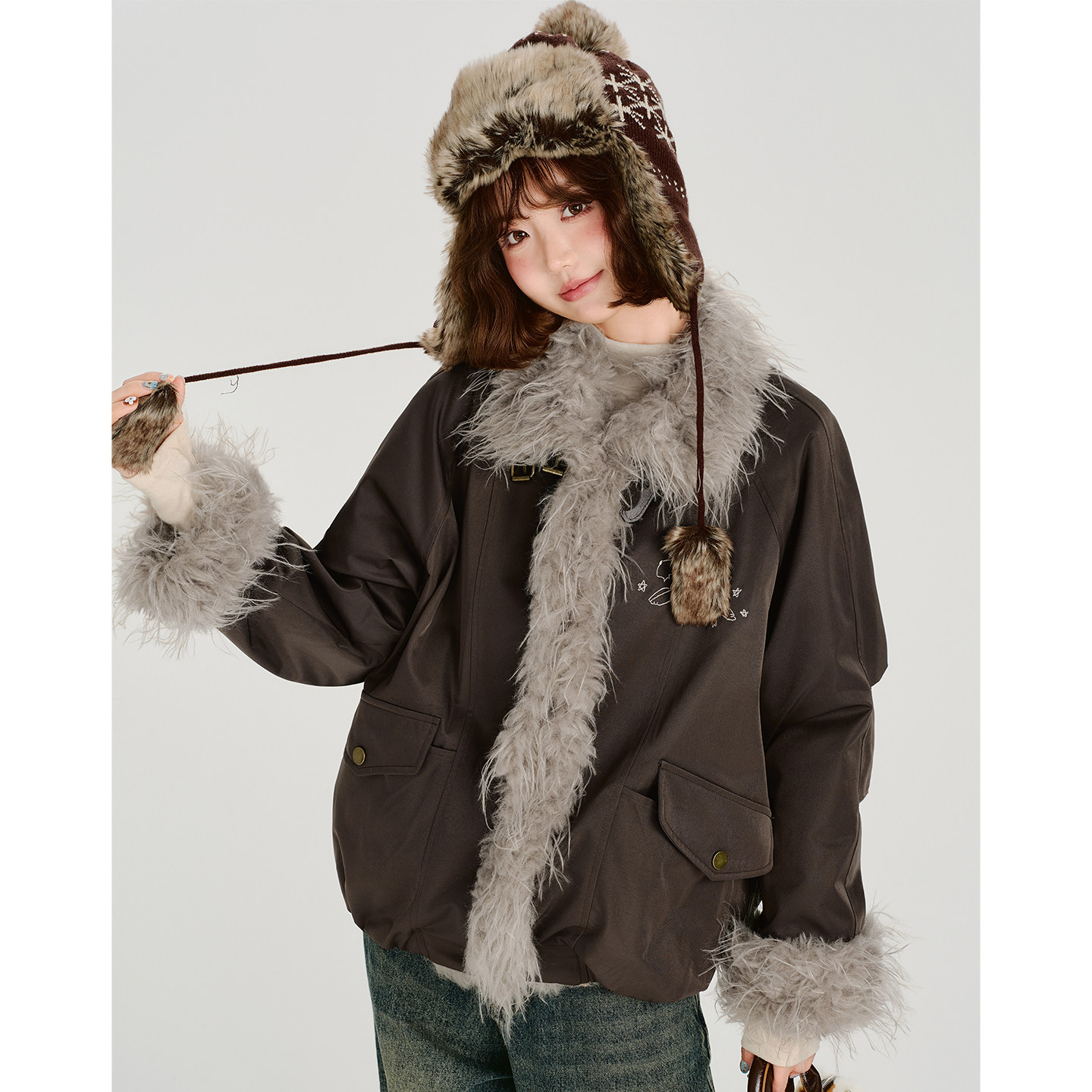 Girlyhalo美式复古毛毛翻领夹棉加厚外套女冬新款设计感宽松上衣