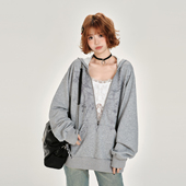 宽松上衣 新款 Girlyhalo美式 复古辣妹蕾丝拉链连帽卫衣外套女秋季