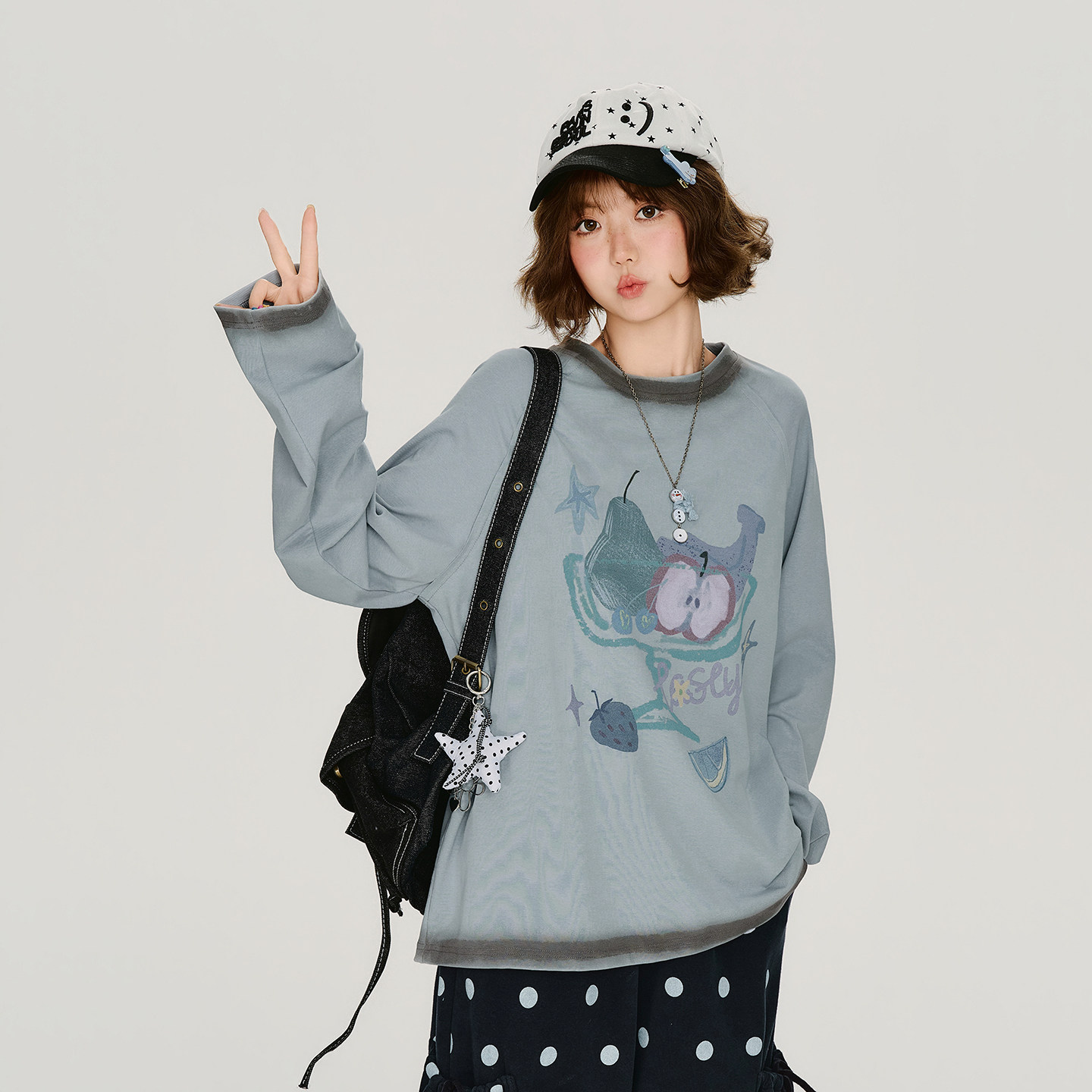 Girlyhalo美式复古圆领印花长袖t恤女秋季新款宽松休闲插肩袖上衣