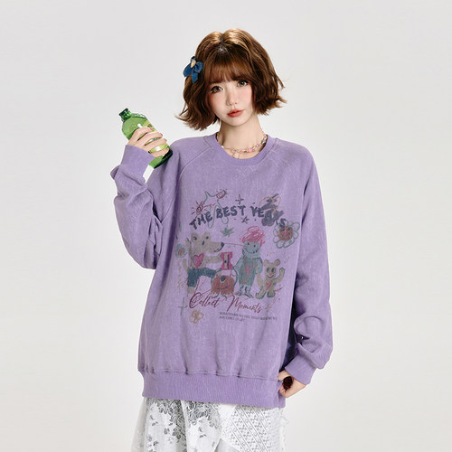 Girlyhalo美式复古印花卫衣女春秋新款做旧设计感宽松慵懒风上衣