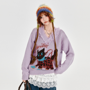Girlyhalo美式 设计感V领宽松慵懒上衣 复古梦幻紫卡通毛衣女秋冬款