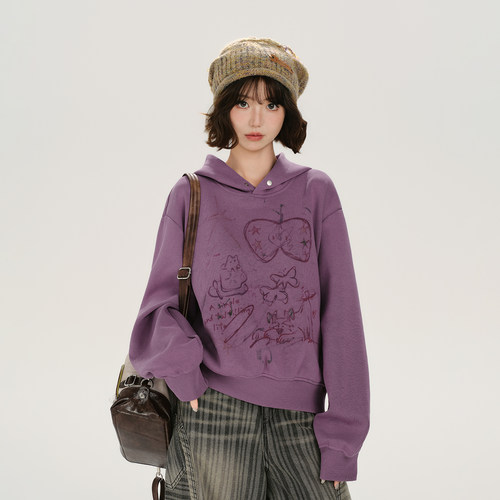 Girlyhalo美式复古印花做旧连帽长袖卫衣女秋季新款宽松显瘦上衣