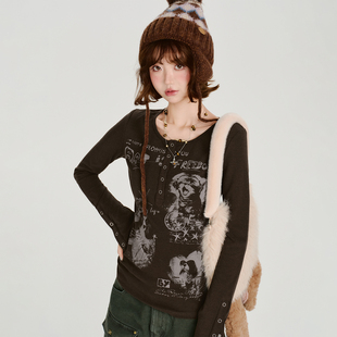 辣妹修身 Girlyhalo美式 新款 t恤女秋季 显瘦上衣 复古印花设计感长袖