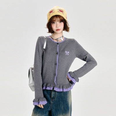 Girlyhalo美式复古灰色拼接针织开衫女春秋新款短款修身显瘦毛衣