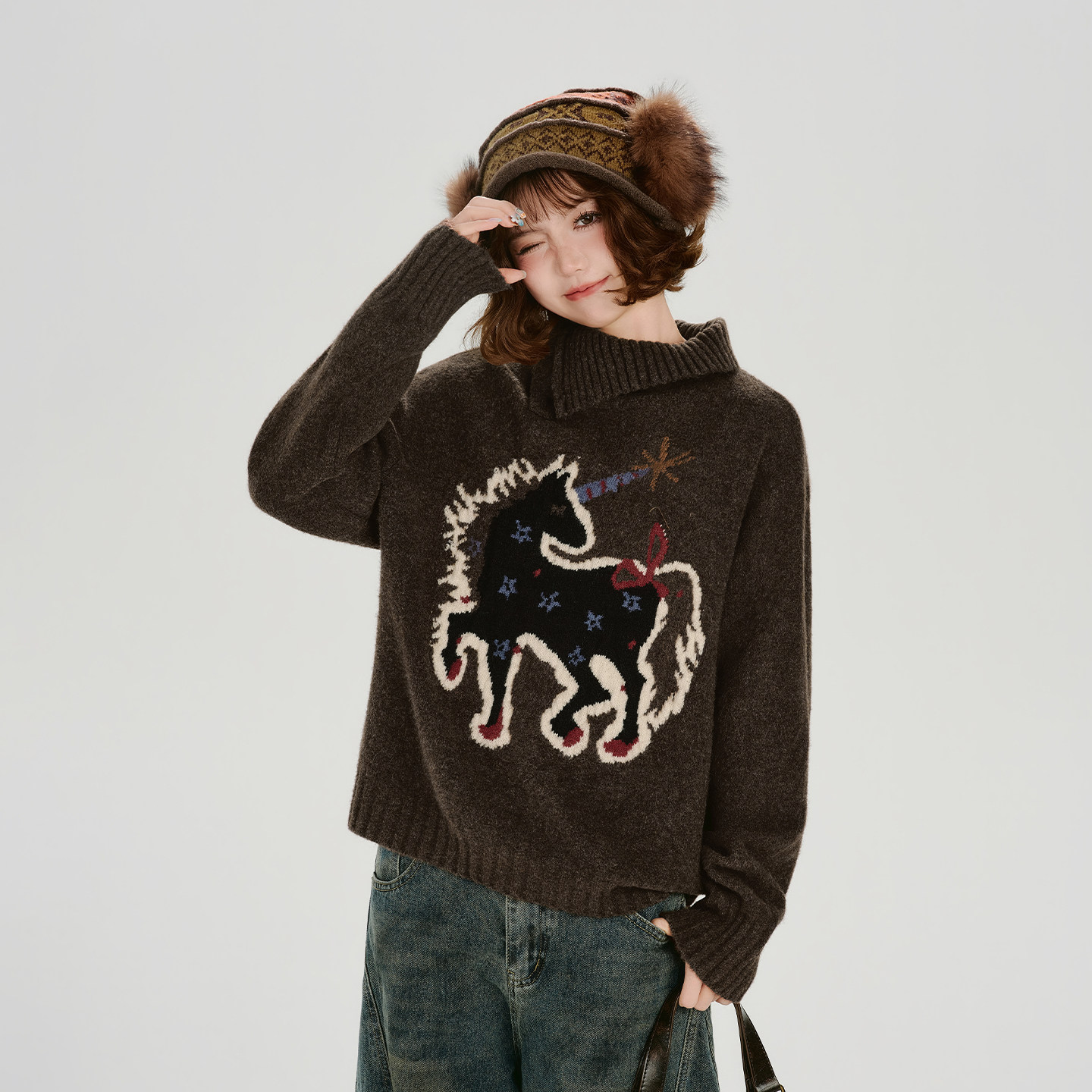 Girlyhalo美式复古重工提花翻领套头毛衣女秋冬新款加厚针织上衣,女装/女士精品,毛衣,淘宝优惠券,粉丝福利购,淘宝优惠卷