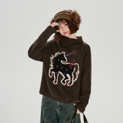 Girlyhalo美式复古重工提花翻领套头毛衣女秋冬新款加厚针织上衣