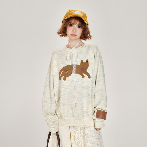 Girlyhalo美式复古趣味贴布绣套头圆领卫衣女秋季新款宽松上衣