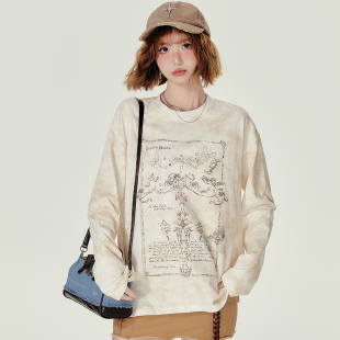 宽松水洗做旧晕染印花上衣 t恤女秋季 Girlyhalo美式 复古圆领长袖