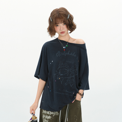 Girlyhalo美式复古水洗烫钻斜肩圆领短袖t恤女夏新款拼接宽松上衣
