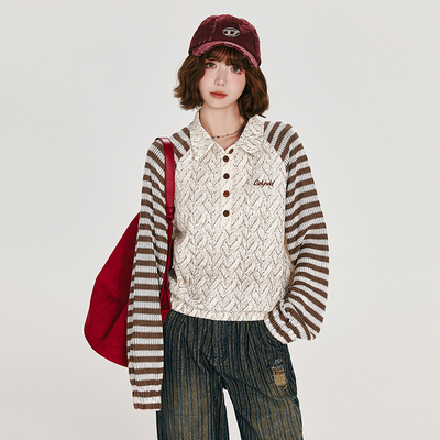 Girlyhalo美式复古拼接条纹长袖针织衫女秋冬新款肌理感宽松上衣