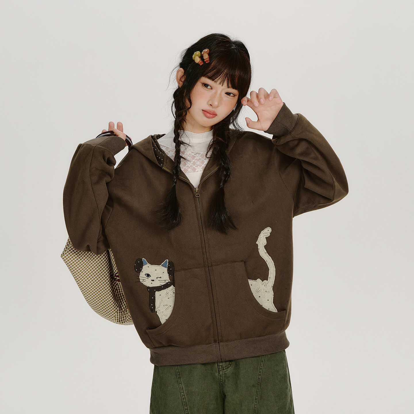 Girlyhalo美式复古猫咪贴布绣连帽卫衣开衫女秋新款宽松休闲外套
