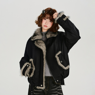 Girlyhalo美式复古设计感毛毛翻领夹克外套女冬新款加厚宽松上衣