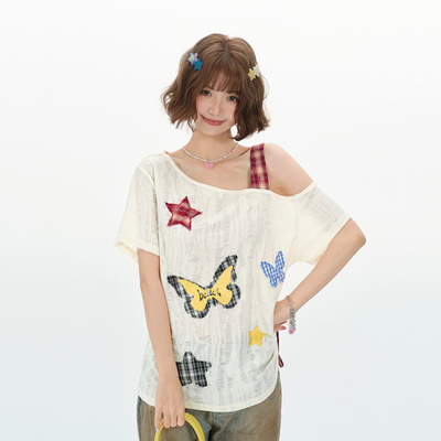 Girlyhalo美式复古斜肩吊带贴布绣短袖t恤女夏季新款辣妹宽松上衣