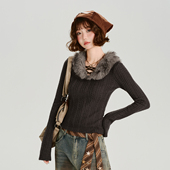 复古辣妹毛领长袖 t恤女秋季 新款 Girlyhalo美式 设计感修身 显瘦上衣