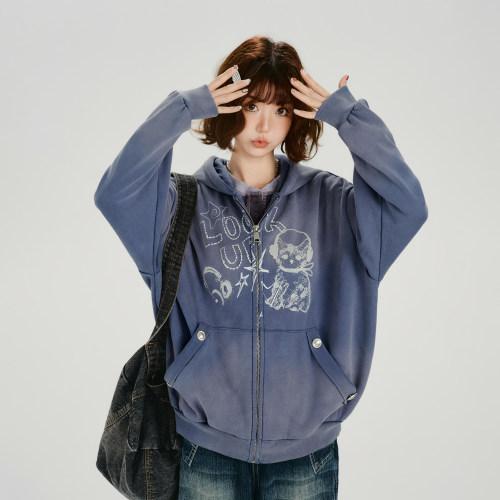 Girlyhalo美式复古水洗渐变加绒连帽卫衣外套女冬季新款宽松上衣