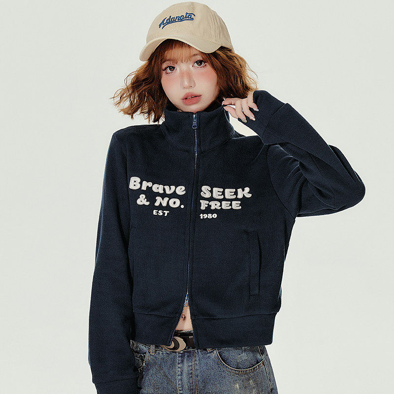 Girlyhalo美式运动风卫衣外套女秋季新款短款正肩高领休闲开衫