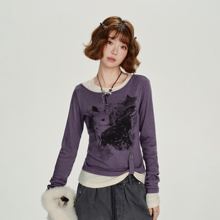 新款 t恤女秋季 甜酷设计感上衣 复古假两件印花长袖 Girlyhalo美式