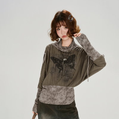 Girlyhalo美式复古晕染拼接设计感长袖t恤女春季新款收腰宽松上衣