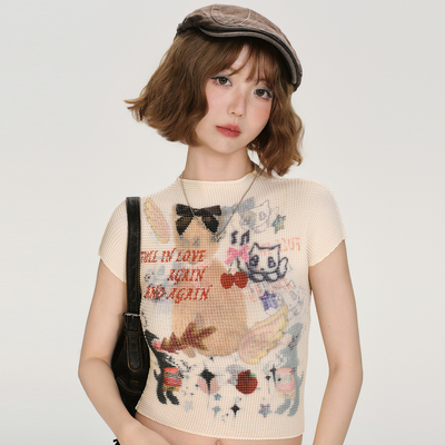 Girlyhalo美式复古辣妹印花褶皱短袖t恤女夏季新款短款修身上衣