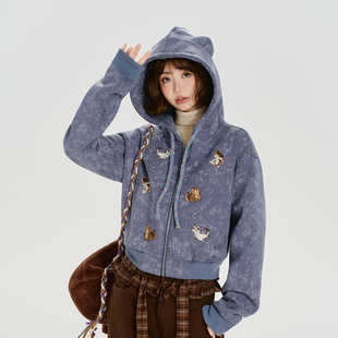 Girlyhalo美式复古扎染刺绣连帽卫衣外套女秋季新款短款宽松上衣