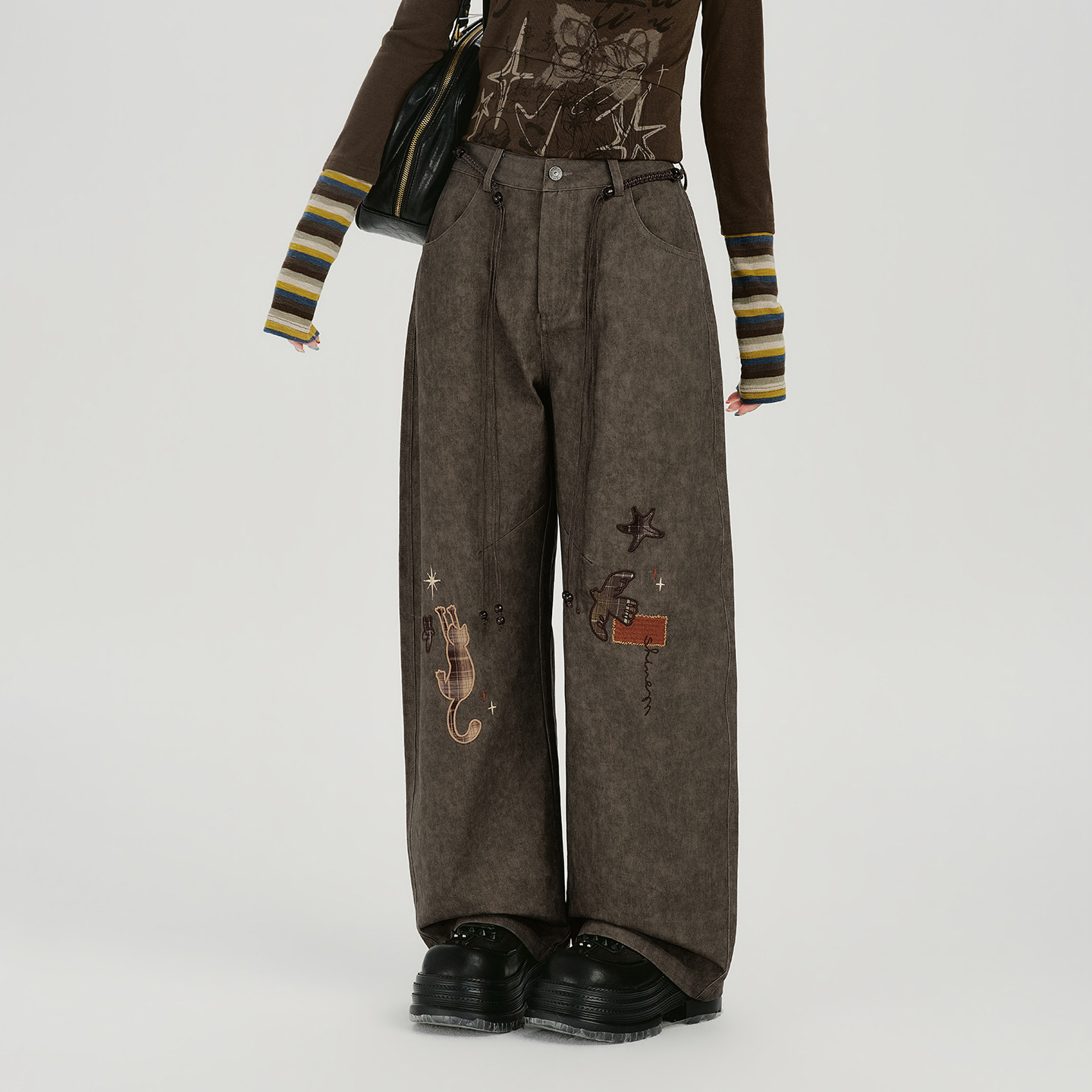 Girlyhalo美式复古晕染贴布刺绣阔腿休闲裤女秋冬款高腰直筒长裤