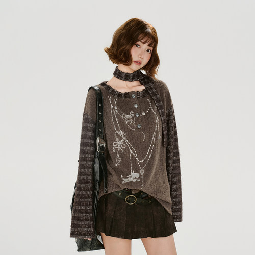 Girlyhalo美式复古条纹拼接刺绣长袖t恤女秋季新款毛绒宽松上衣