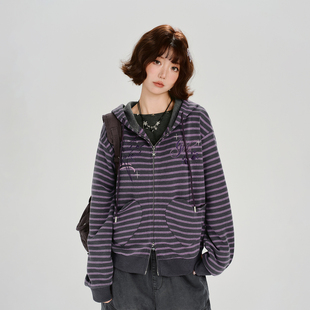 Girlyhalo美式 设计感口袋宽松上衣 复古刺绣条纹连帽外套女秋冬季