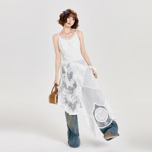 Girlyhalo蕾丝拼接白色吊带裙女屁帘叠穿设计感小众搭配中长裙