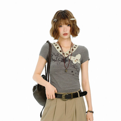 Girlyhalo美式复古撞色V领短袖t恤女夏季新款设计感修身显瘦上衣