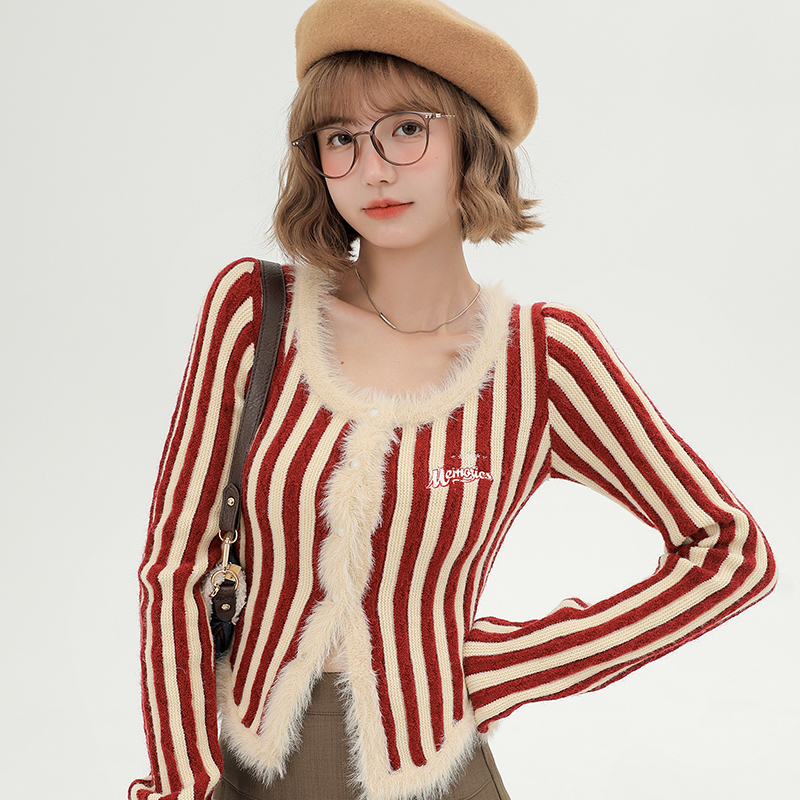 Girlyhalo美式竖条纹针织开衫女秋冬新款设计感小众毛绒修身毛衣