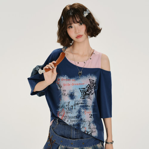 Girlyhalo美式复古撞色假两件印花短袖t恤女夏季新款宽松显瘦上衣