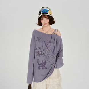新款 t恤女秋季 宽松上衣 复古印花斜肩串珠设计感长袖 Girlyhalo美式