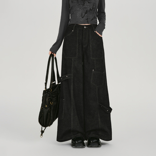 Girlyhalo美式复古辣妹水洗工装牛仔裤女春夏新款阔腿宽松长裤