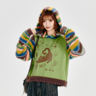 Girlyhalo美式复古彩虹条纹撞色连帽毛衣女秋冬款宽松套头针织衫