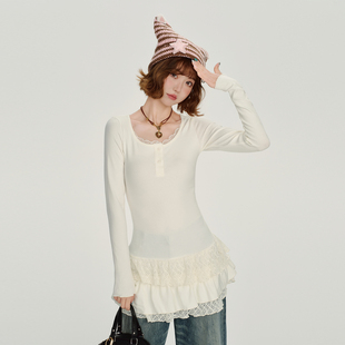 Girlyhalo美式复古蕾丝边长袖t恤女秋新款多层下摆设计感叠穿上衣