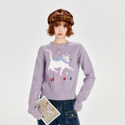 Girlyhalo复古香芋紫卡通小猫圆领套头毛衣女秋冬新款短款针织衫