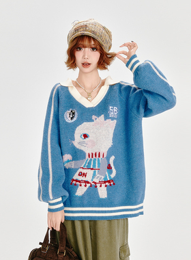 Girlyhalo美式复古polo领毛衣女秋冬新款设计感宽松V领慵懒风上衣