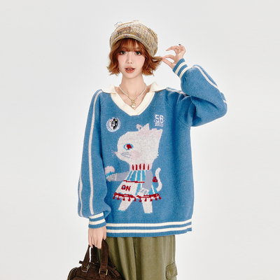 Girlyhalo美式复古polo领毛衣女秋冬新款设计感宽松V领慵懒风上衣