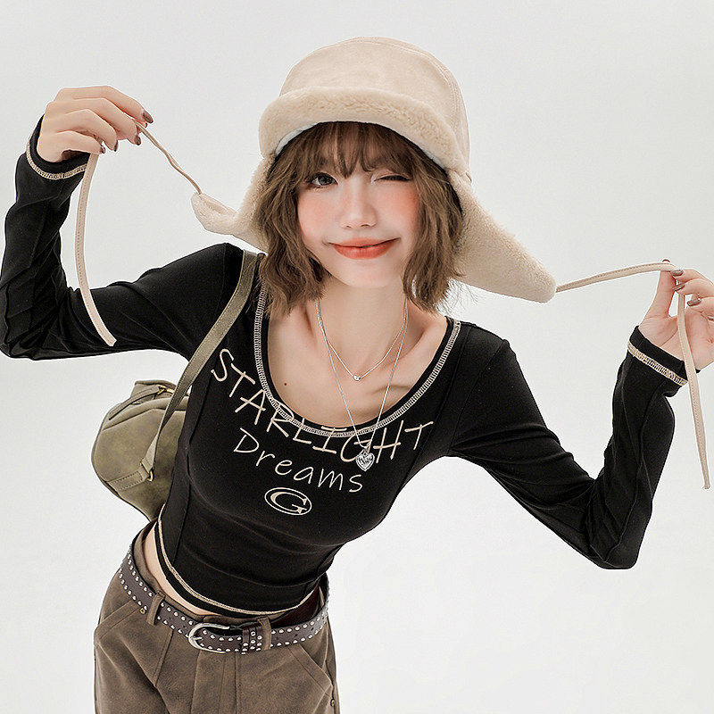 Girlyhalo美式复古长袖t恤女秋季辣妹小众设计感u领修身打底上衣