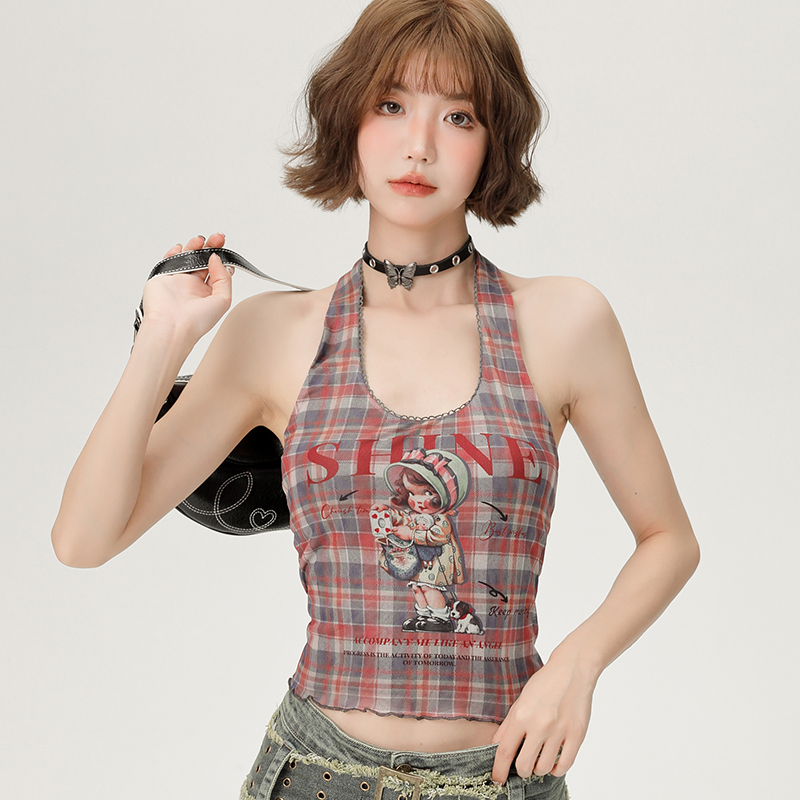 Girlyhalo复古格子挂脖吊带女夏季新款修身甜酷辣妹内搭上衣