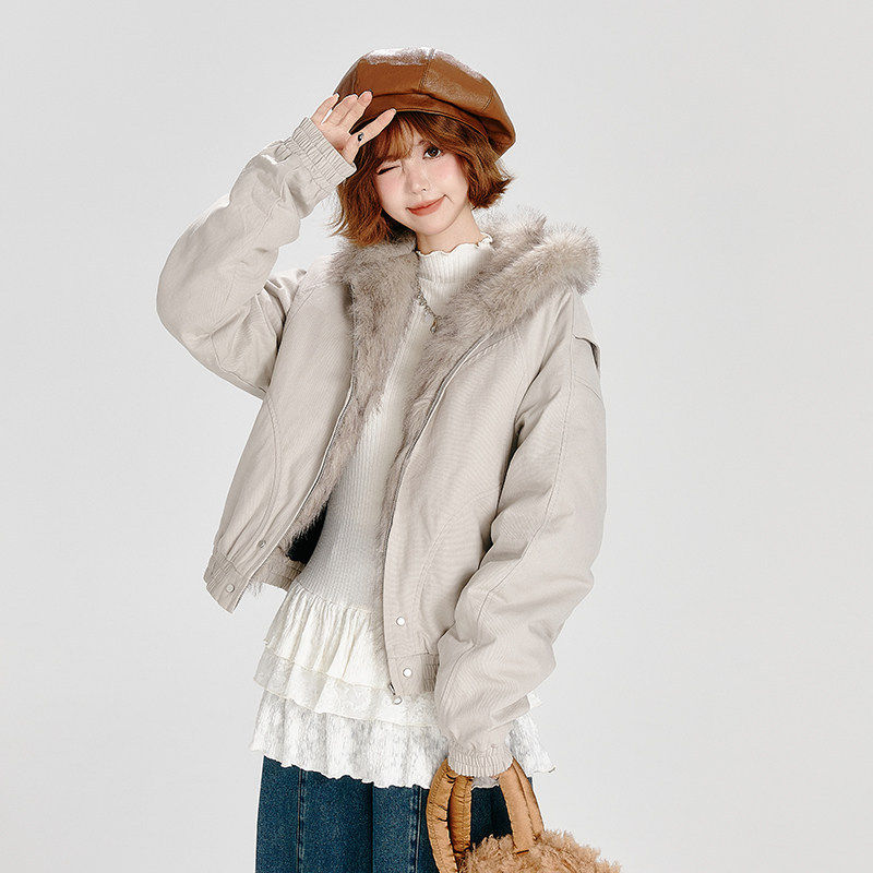 Girlyhalo美式复古毛领连帽外套女秋冬新款短款加厚保暖夹克棉服