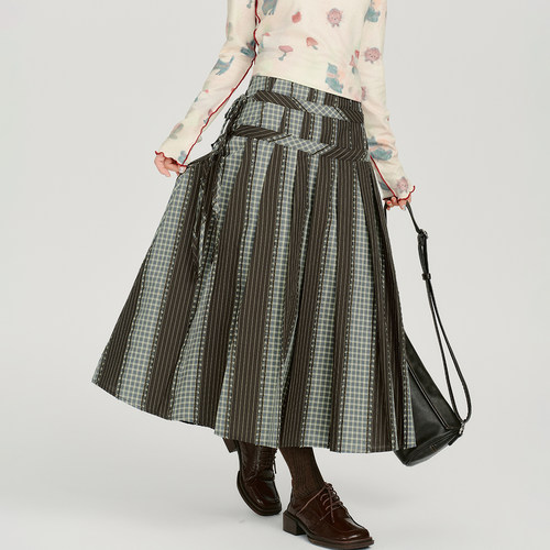 Girlyhalo美式复古格子条纹拼接半身裙女秋冬季设计感高腰中长裙