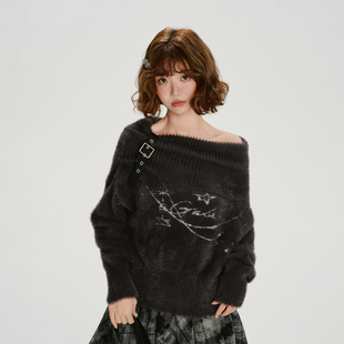 皮扣慵懒宽松上衣 新款 Girlyhalo美式 复古一字肩仿貂毛毛衣女秋季