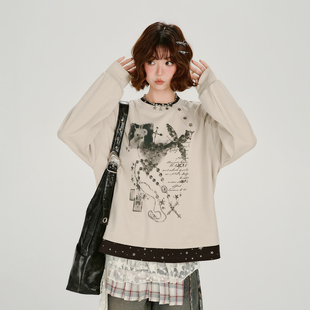 新款 t恤女春季 设计感宽松上衣 复古印花假两件长袖 Girlyhalo美式