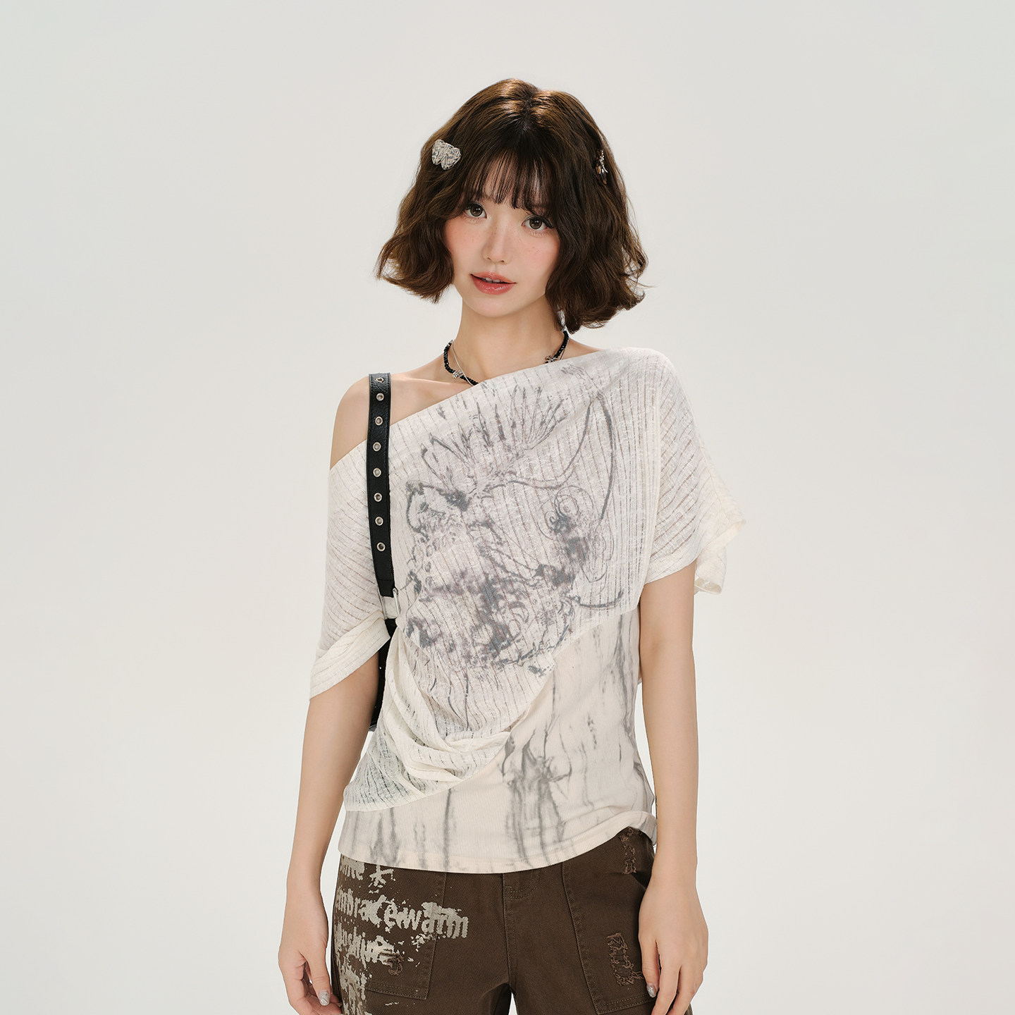 Girlyhalo美式复古辣妹设计感斜肩短袖t恤女夏季新款收腰修身上衣,女装/女士精品,T恤,淘宝优惠券,粉丝福利购,淘宝优惠卷