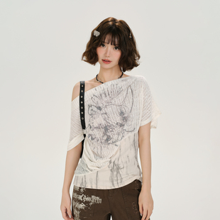 收腰修身 Girlyhalo美式 新款 t恤女夏季 上衣 复古辣妹设计感斜肩短袖