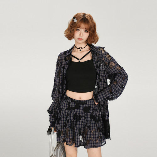 Girlyhalo美式复古辣妹蕾丝格子衬衫半裙女夏季新款宽松上衣套装