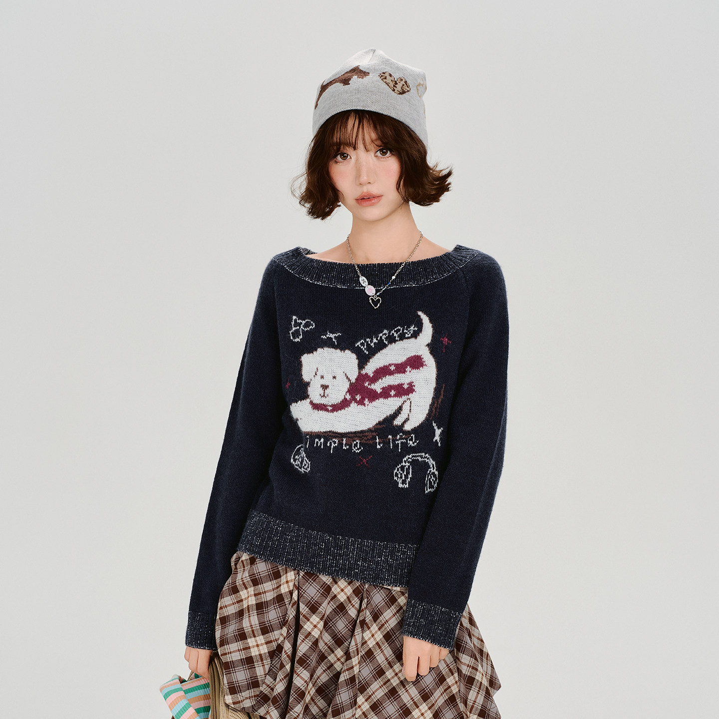 Girlyhalo美式复古卡通提花毛衣女秋冬新款拼接设计感宽松上衣