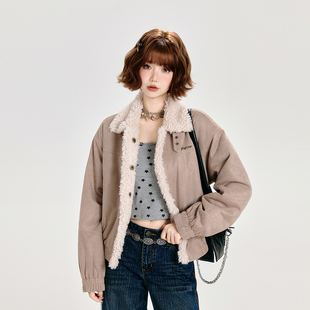 Girlyhalo美式复古驼色毛绒外套女秋冬新款翻领短款小个子上衣